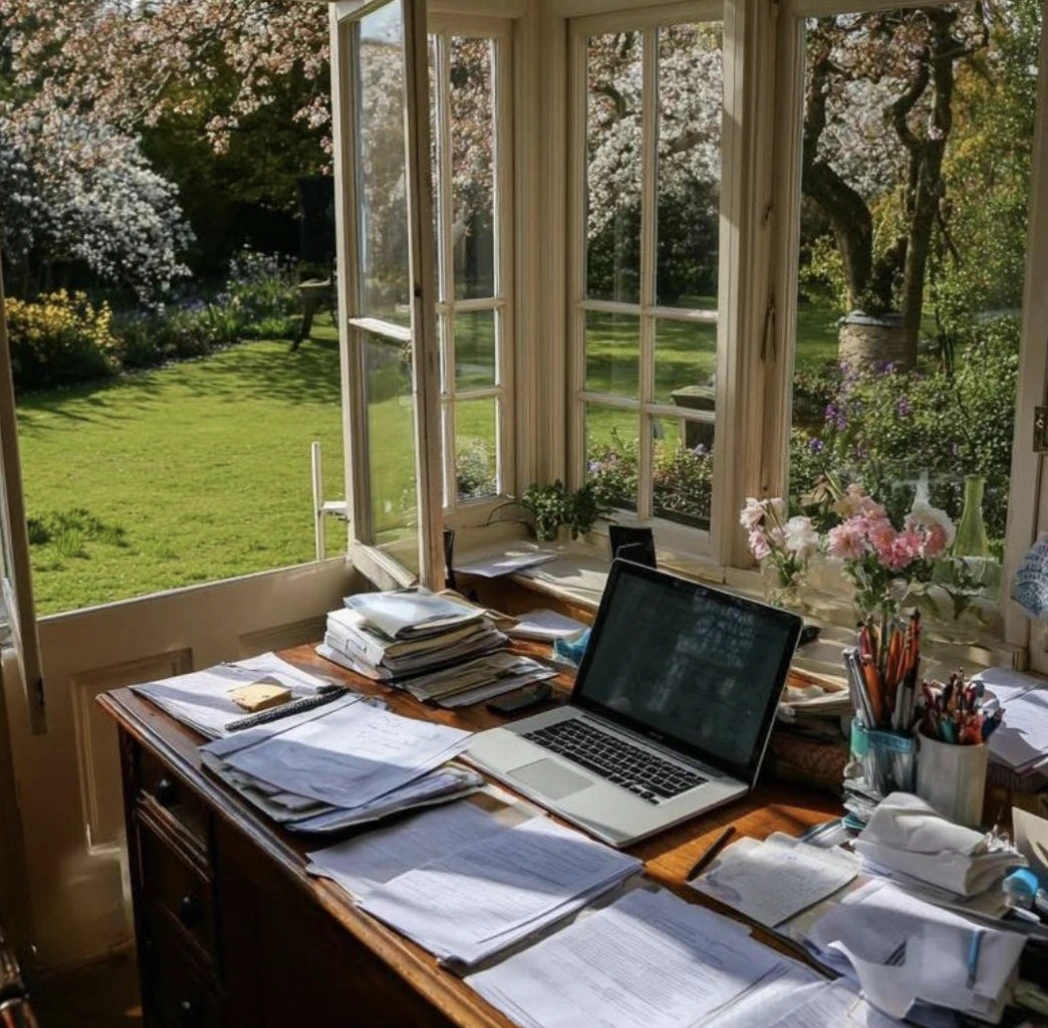 My writing desk with natural light and books