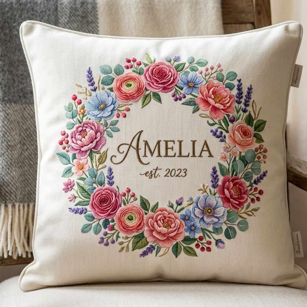 Floral Wreath Name Cushion